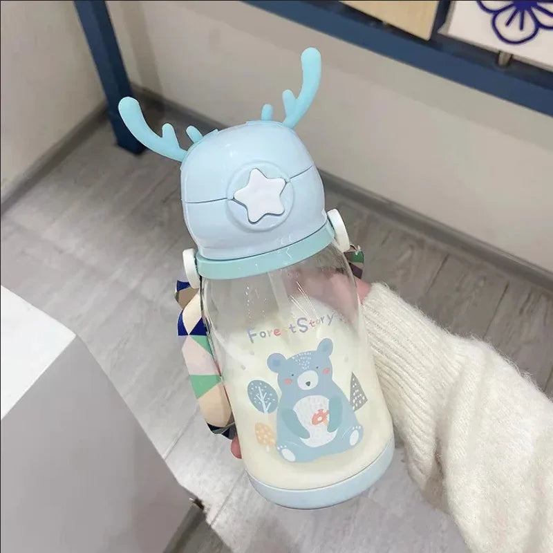 Kids Antler Straw Water Bottle Cute Cartoon Drinking Cup 600ml - 4