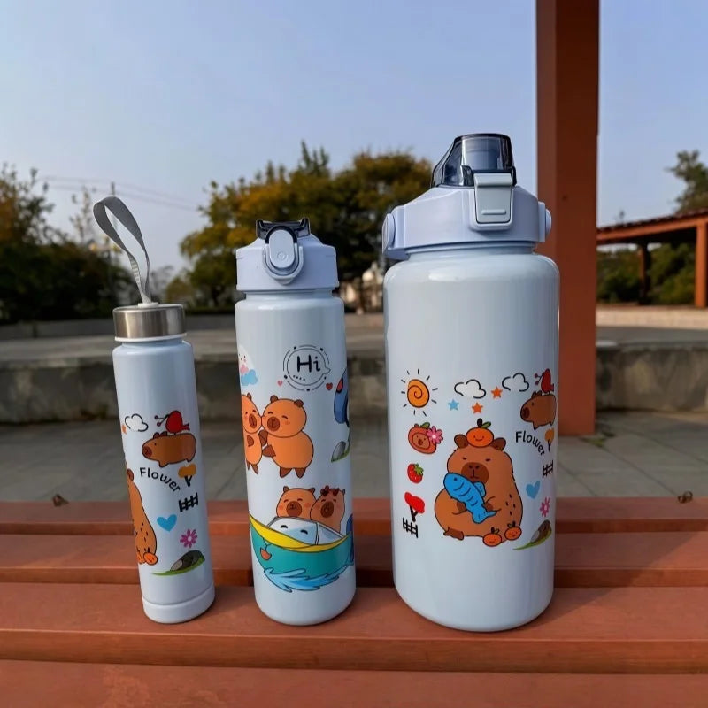 3Pcs Capybara Motivational Water Bottle Set Portable Sports Jugs - 7