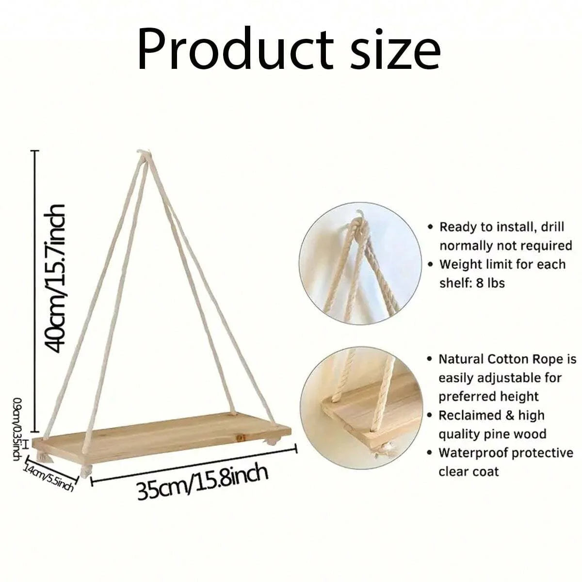 Wooden Hanging Wall Shelf Floating Rope Decor for Plants and Storage - 3