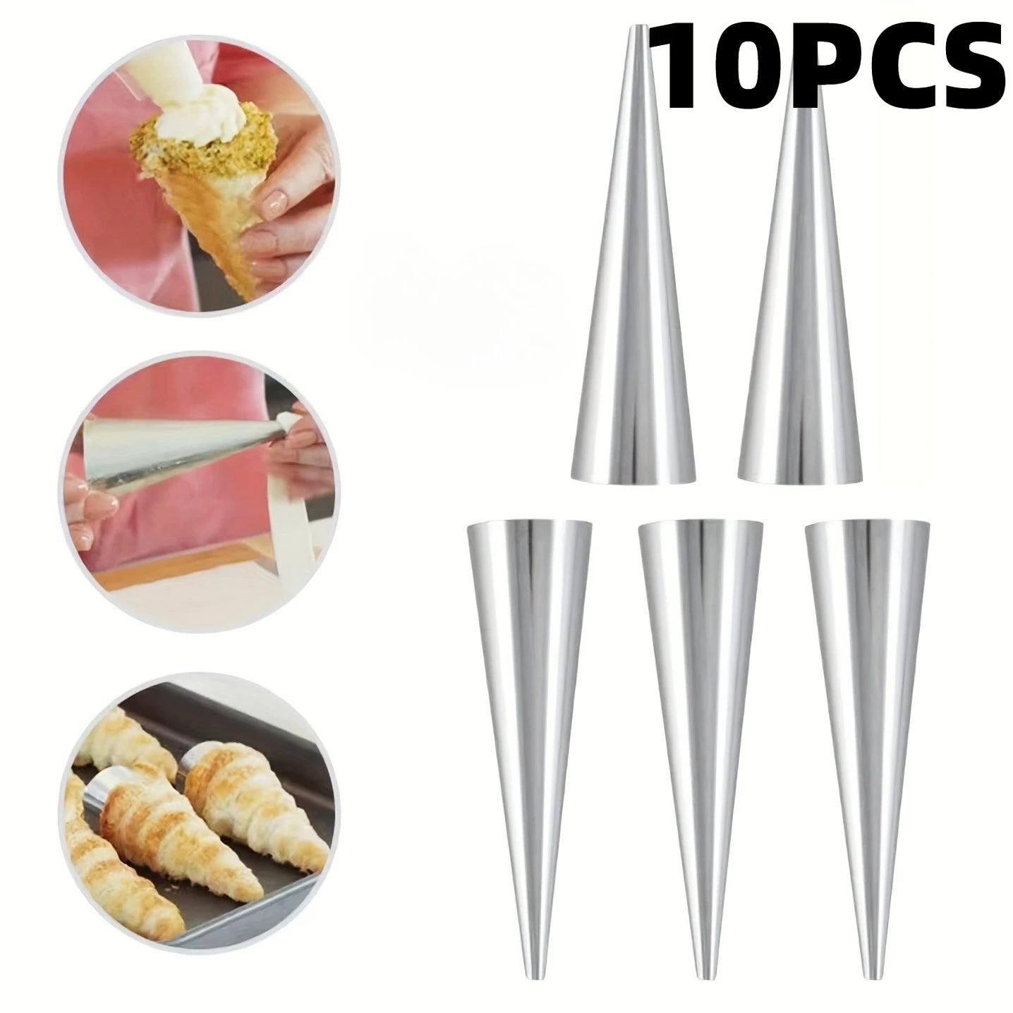 10pcs Stainless Steel Cream Horn Molds Croissant Cone Baking Tubes