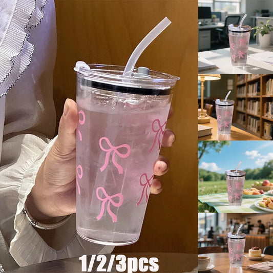 Pink Bow Plastic Tumbler with Straw and Lid Transparent Drink Mug