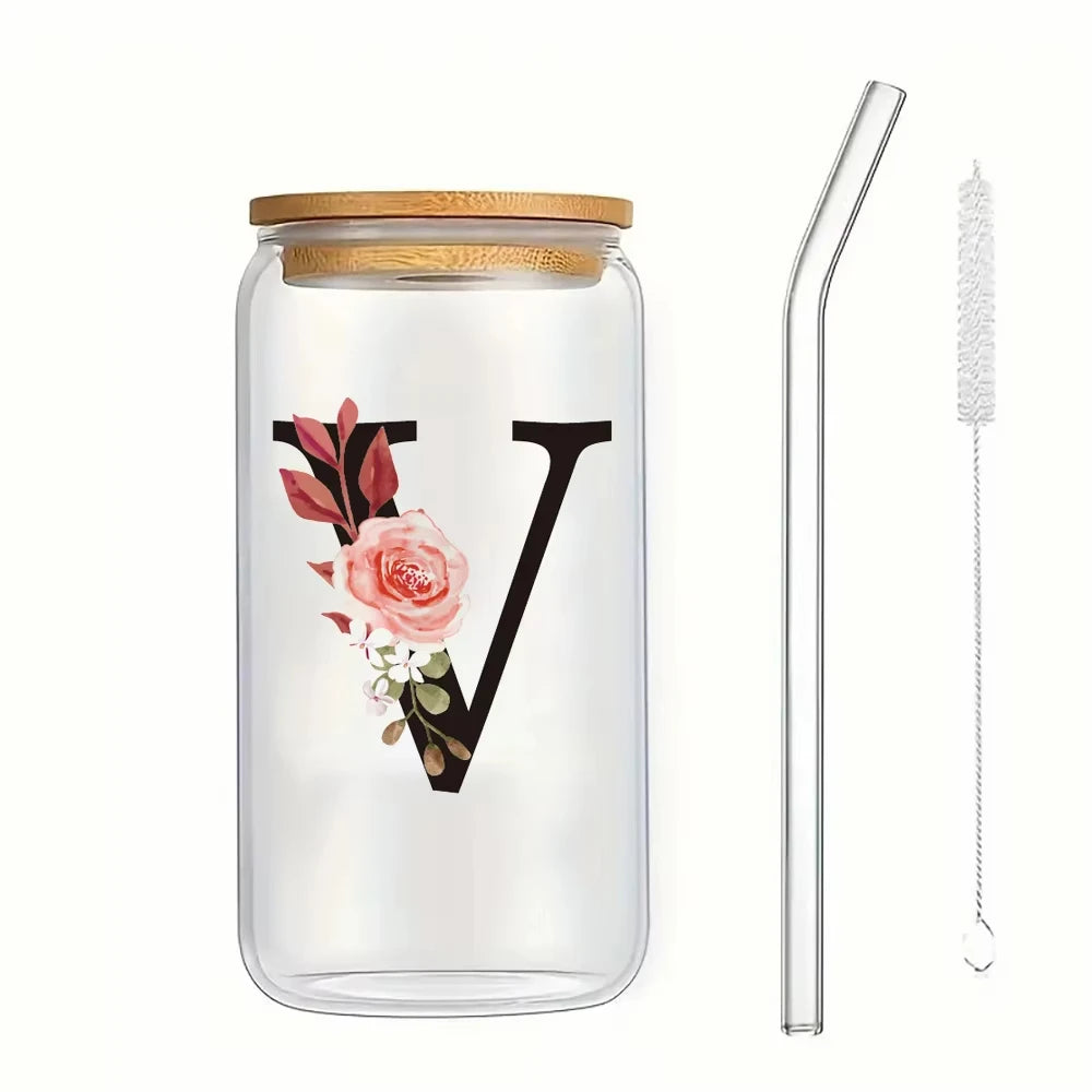 500ml Floral Alphabet Glass Cup with Bamboo Lid and Straw Coffee Mug - 55