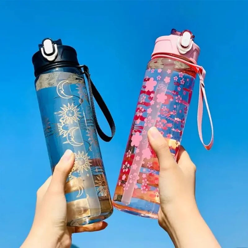 800ml Printed Space Water Bottle with Straw and Portable Carry Strap
