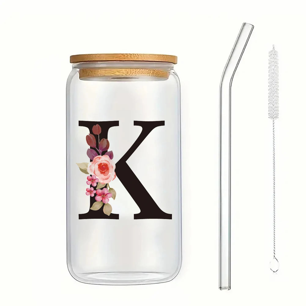 500ml Floral Alphabet Glass Cup with Bamboo Lid and Straw Coffee Mug