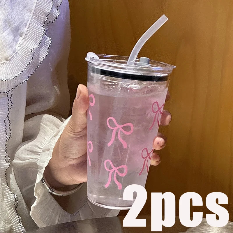 Pink Bow Plastic Tumbler with Straw and Lid Transparent Drink Mug - 13