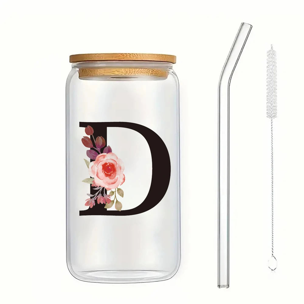 500ml Floral Alphabet Glass Cup with Bamboo Lid and Straw Coffee Mug - 17