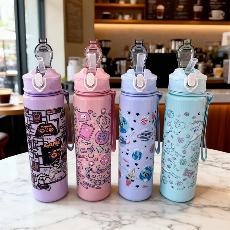 750ml Cartoon Water Bottle Portable Leak Proof Sport Tumbler with Straw - 4