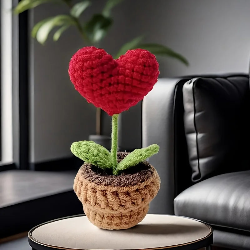 Handmade Knitted Heart Flower Pot Artificial Bonsai Desk Decoration Gift