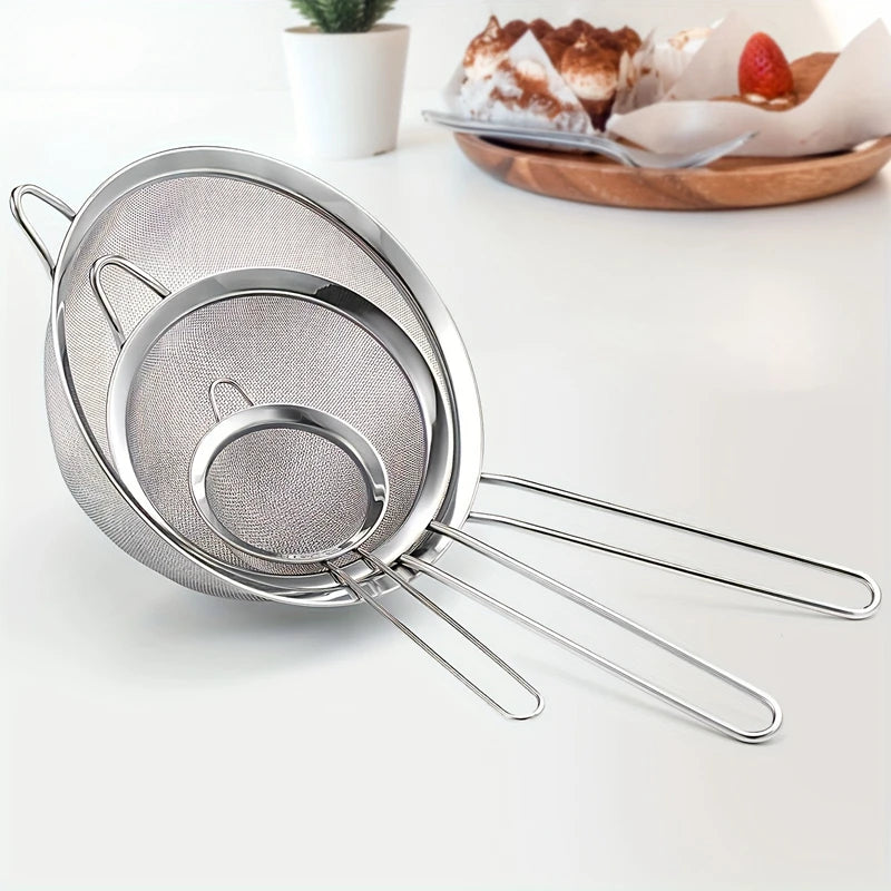 3pc Stainless Steel Fine Mesh Strainer Set Flour Sifter Kitchen Tool - 2