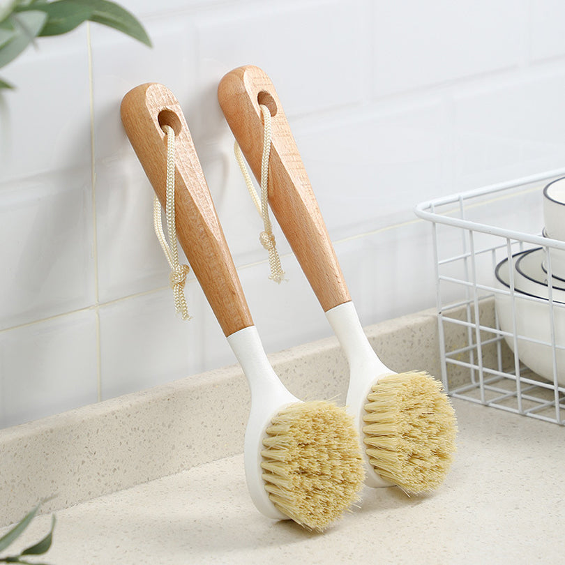 Long Handle Wooden Dish Brush Beech Bowl Scrubbing Brush for Kitchen