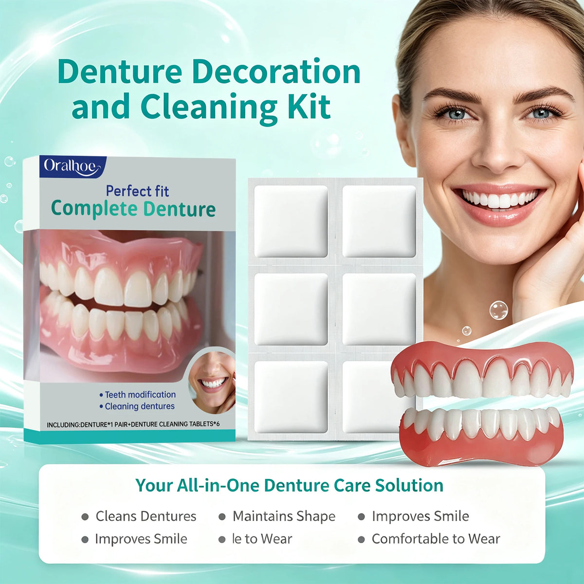 Oralhoe Cosmetic Denture Kit Upper and Lower Teeth with Cleaning Tablets