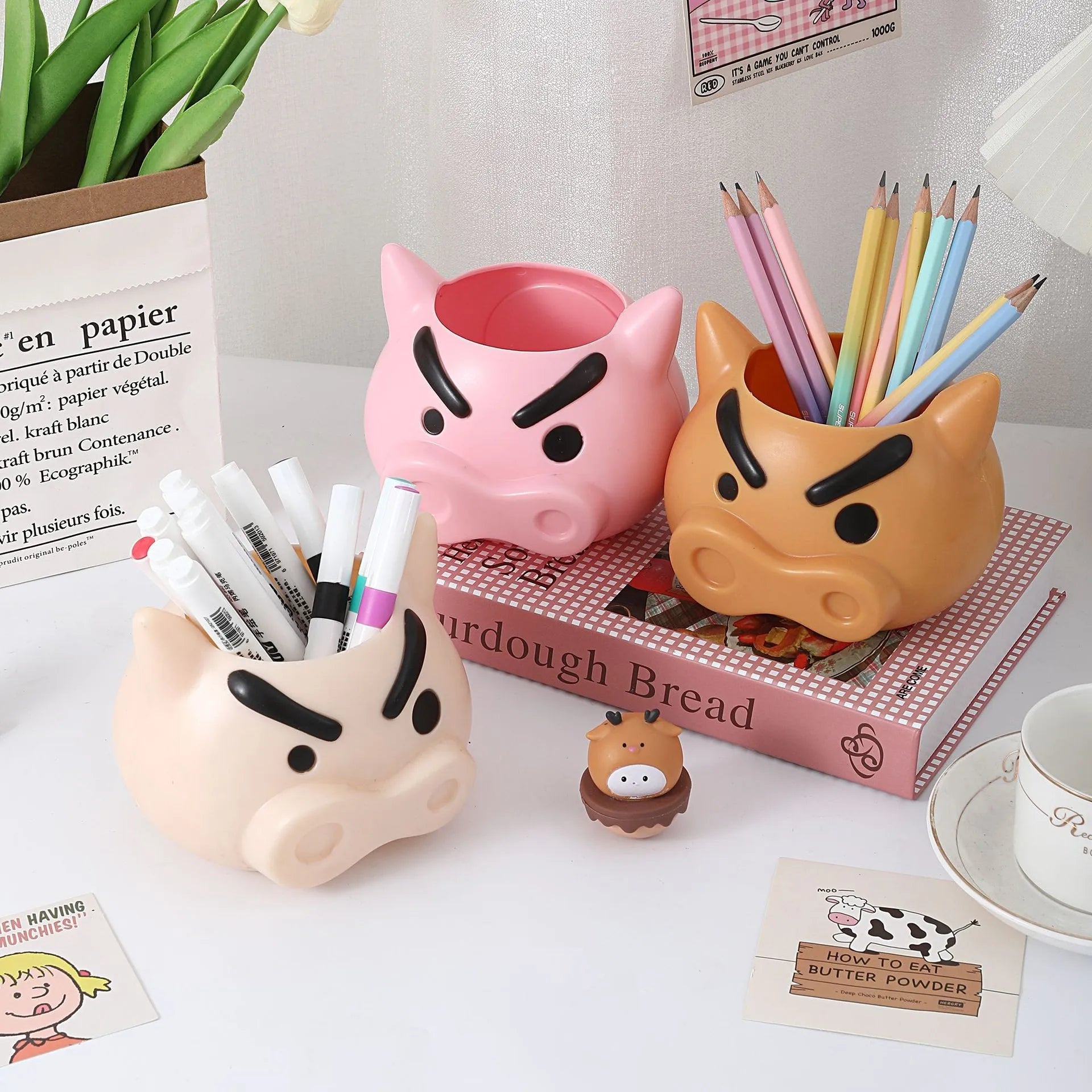 Cartoon Pig Desk Organizer Makeup Brush Holder and Pen Cup - 2