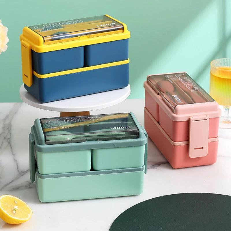 Double Layer Bento Lunch Box Leakproof Food Container with Cutlery Set