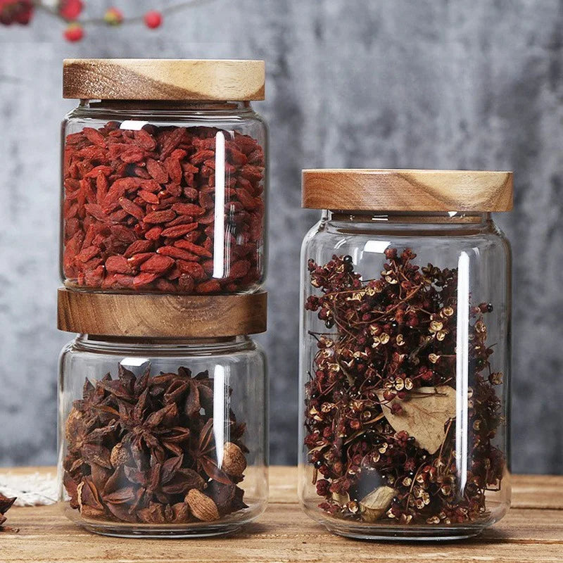 Airtight Glass Storage Jar with Wood Lid Kitchen Food Canister - 3
