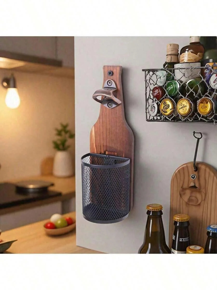 Wall Mounted Wooden Beer Bottle Opener with Magnetic Cap Catcher - 9
