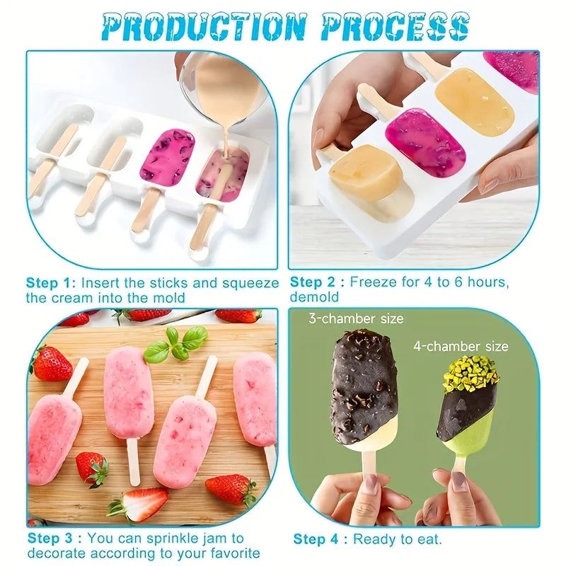 Silicone Ice Cream Mold 4-Hole DIY Popsicle Maker Tray with Sticks - 4