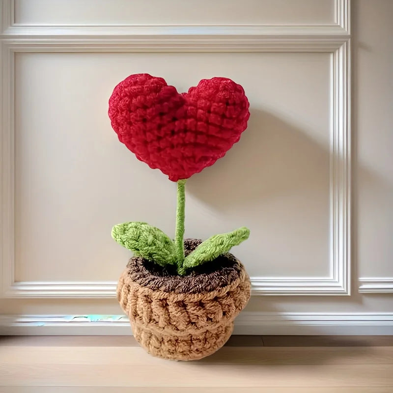 Handmade Knitted Heart Flower Pot Artificial Bonsai Desk Decoration Gift - 9