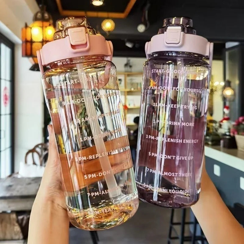 2L Motivational Water Bottle with Straw Time Marker Fitness Sports Jug