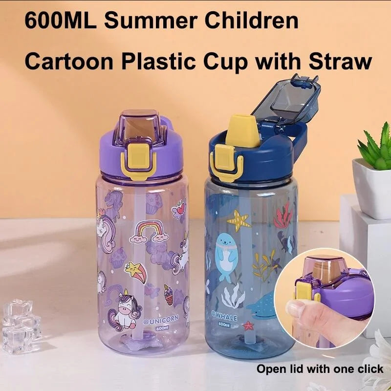 600ml Kids Water Bottle Cartoon Leak Proof Straw Cup for School Travel - 11