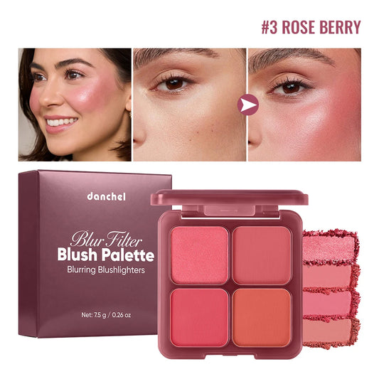 4 Shades Matte Shimmer Blur Filter Blush Palette Cheek Makeup