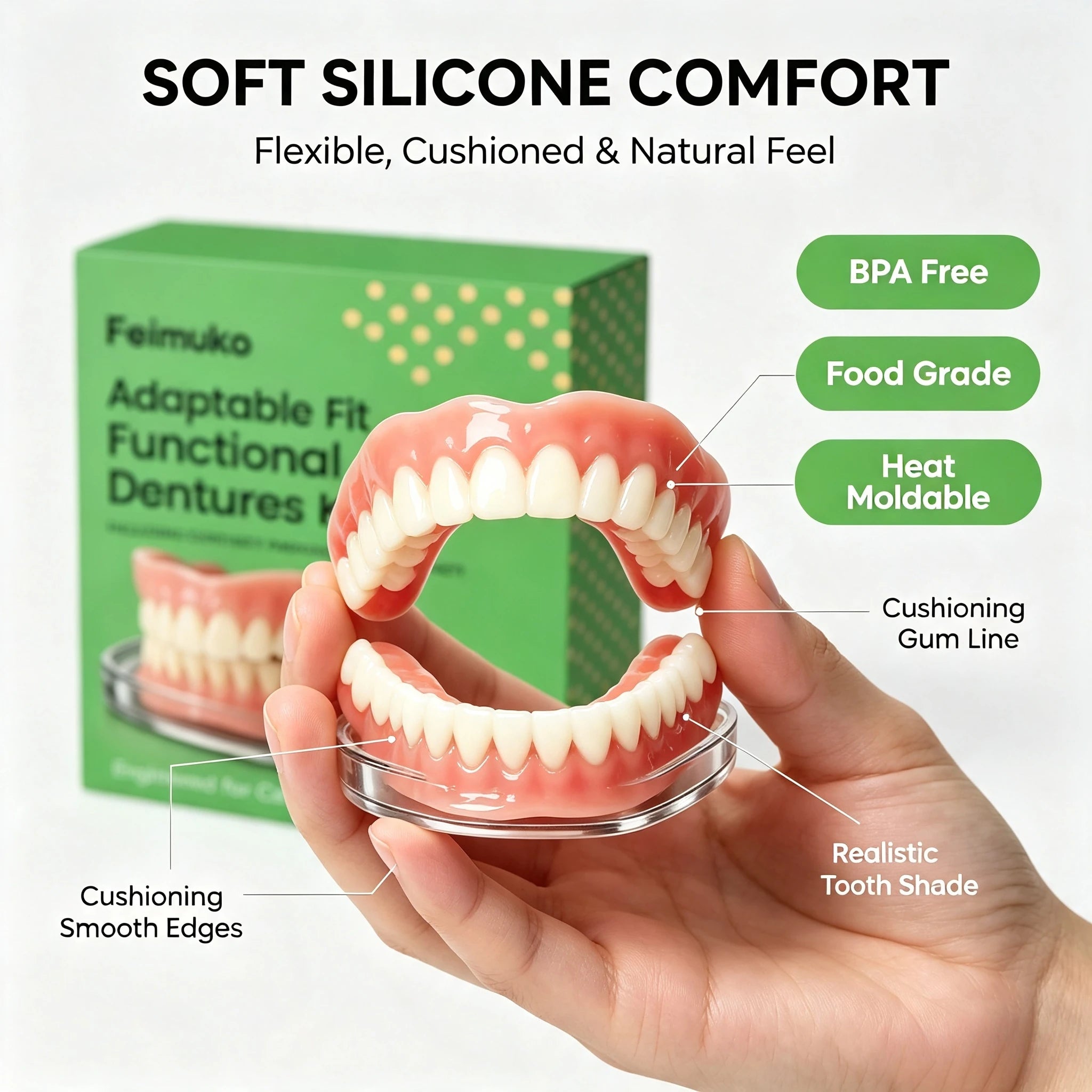 Soft Silicone Snap-On Dentures Natural Upper Lower Teeth Comfort Fit - 5