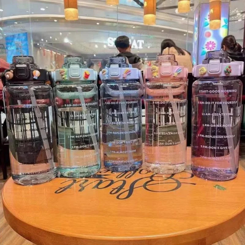 2L Motivational Water Bottle with Straw Time Marker Fitness Sports Jug