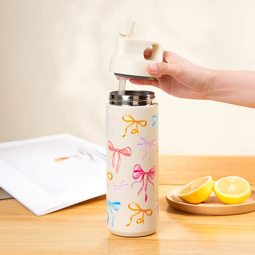 500ml Bow Print Insulated Stainless Steel Tumbler Cup with Straw - 2