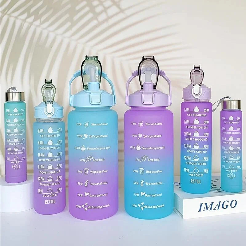 3Pc Gradient Water Bottle Set Large Fitness Motivational Jug with Straw - 3