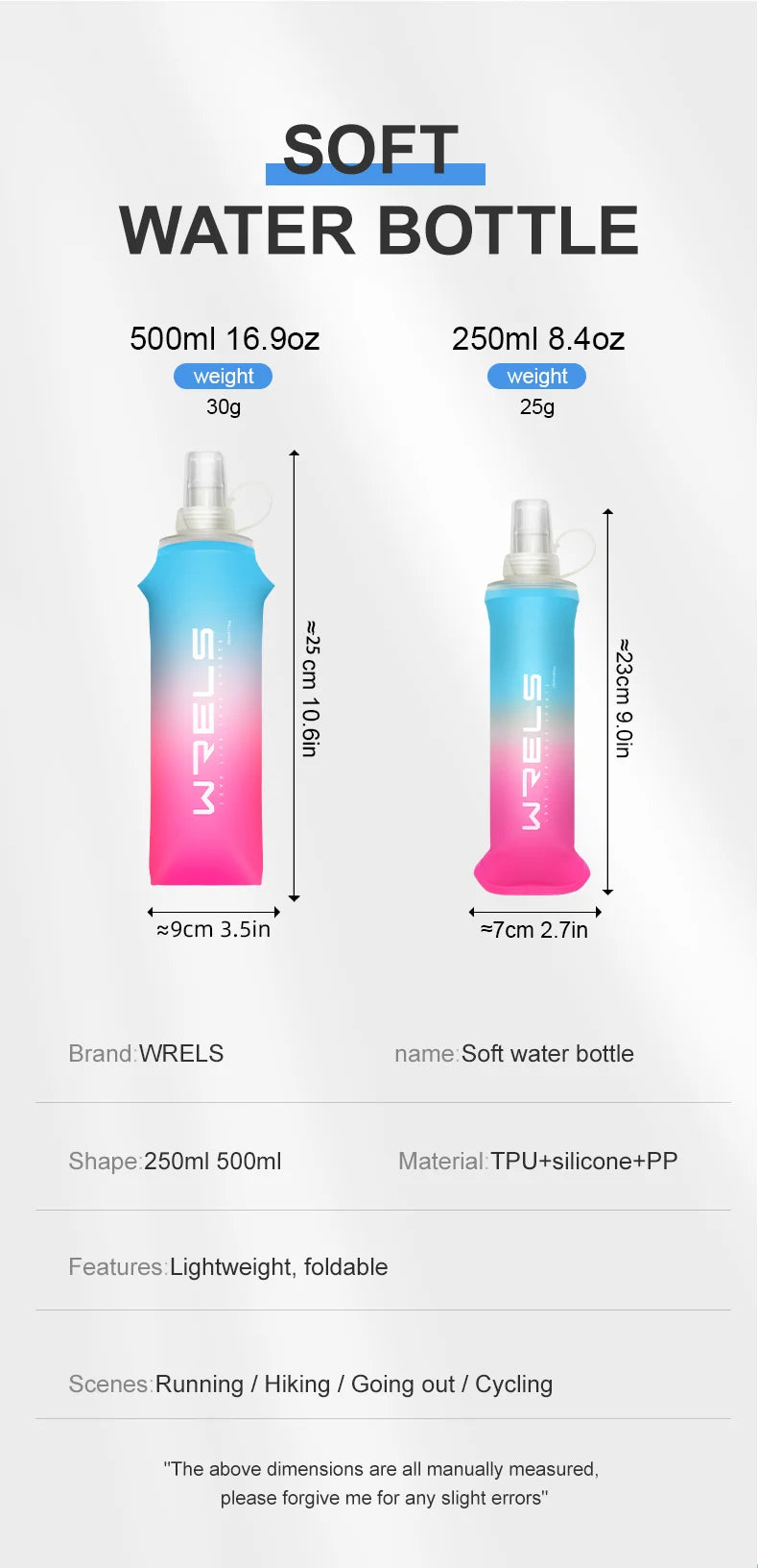 Foldable TPU Soft Flask Water Bottle for Running Hiking and Fitness