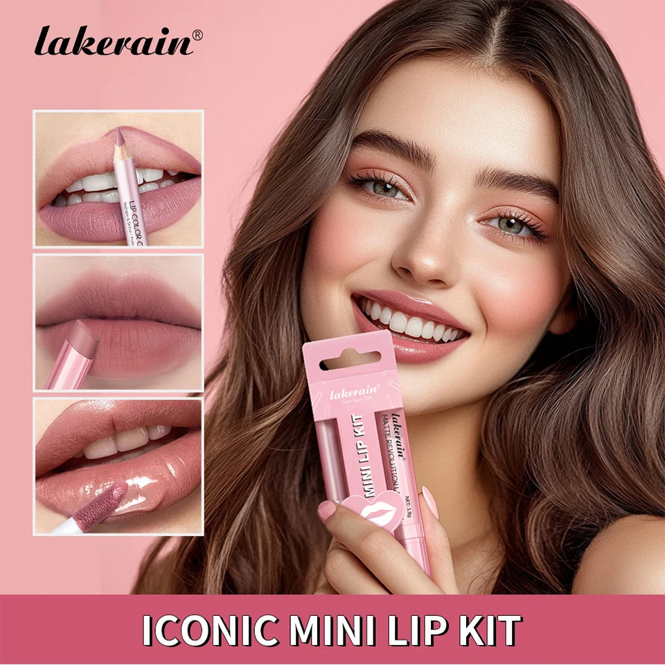 Matte Lipstick Lip Gloss Set Waterproof Nude Red Lip Liner Kit - 7
