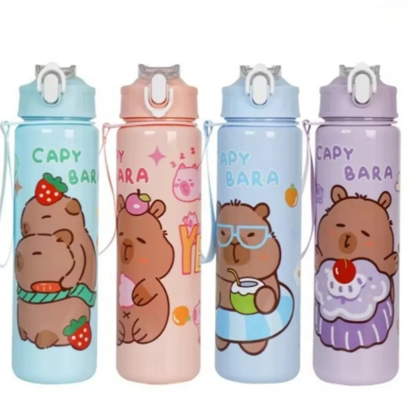 Cute Capybara Water Bottle 700ml Leak Proof Sports Straw Cup