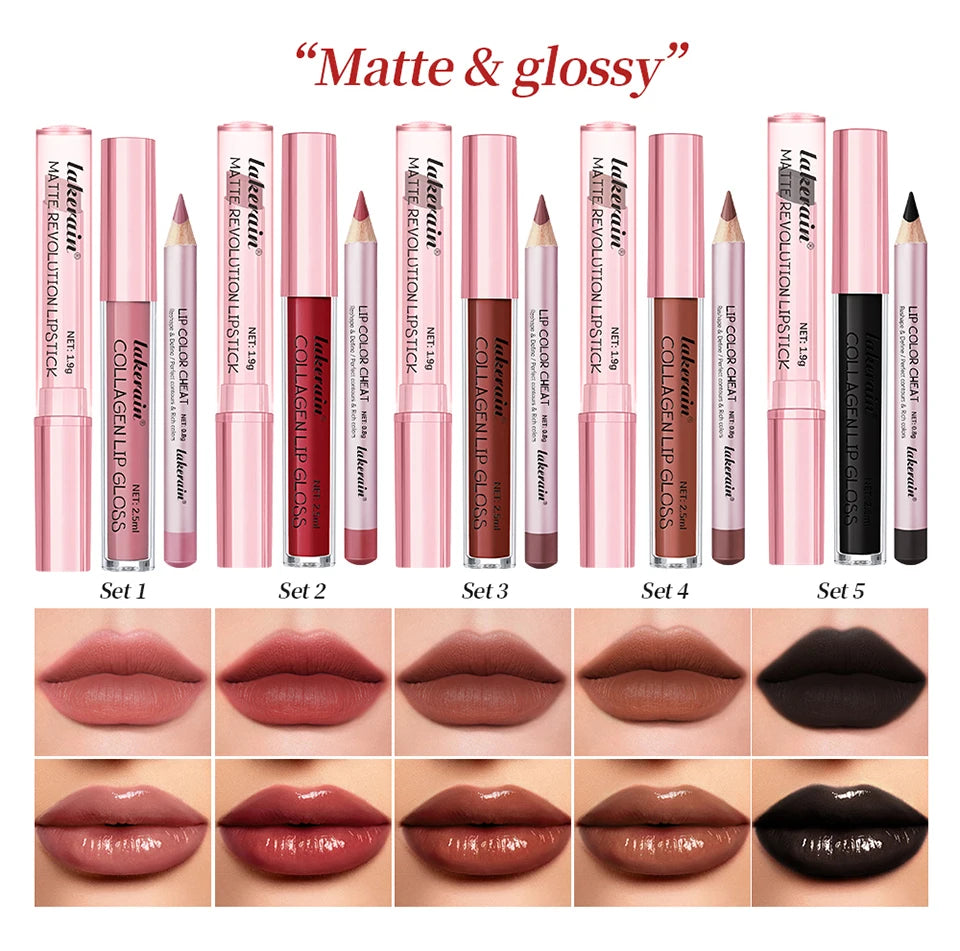 Matte Lipstick Lip Gloss Set Waterproof Nude Red Lip Liner Kit
