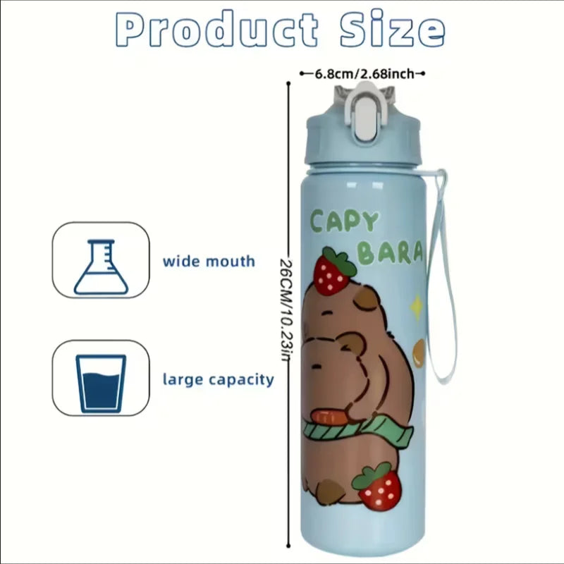 750ml Cute Capybara Water Bottle with Straw and Carrying Strap