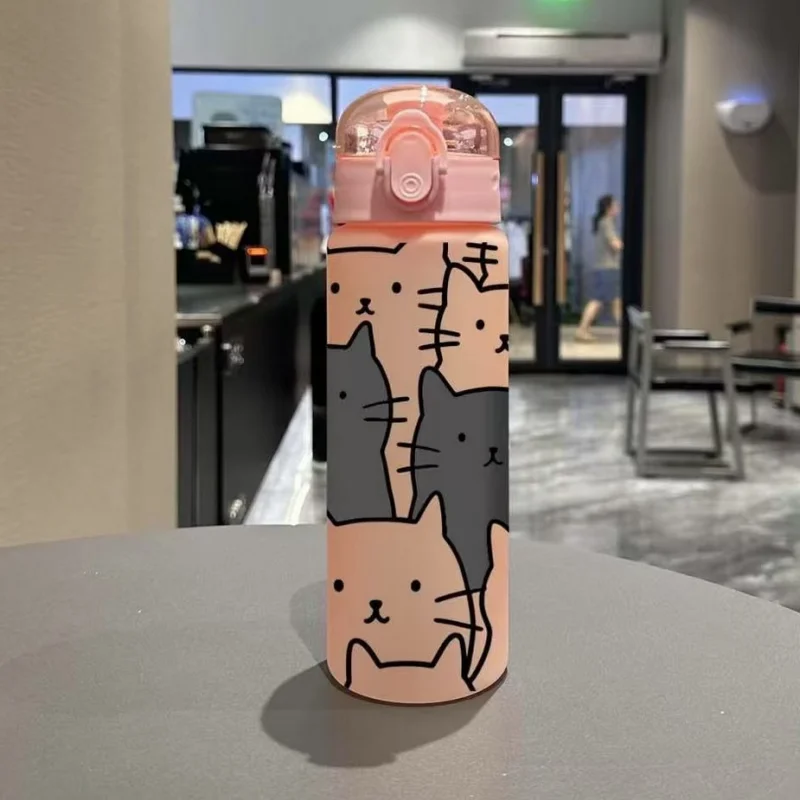Cute Cartoon Kitten 780ml Sports Water Bottle Frosted Portable Tumbler