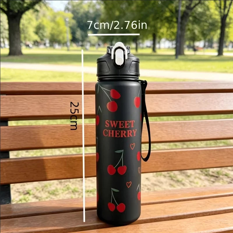750ml Cherry Print Sports Water Bottle with Straw and Carrying Strap
