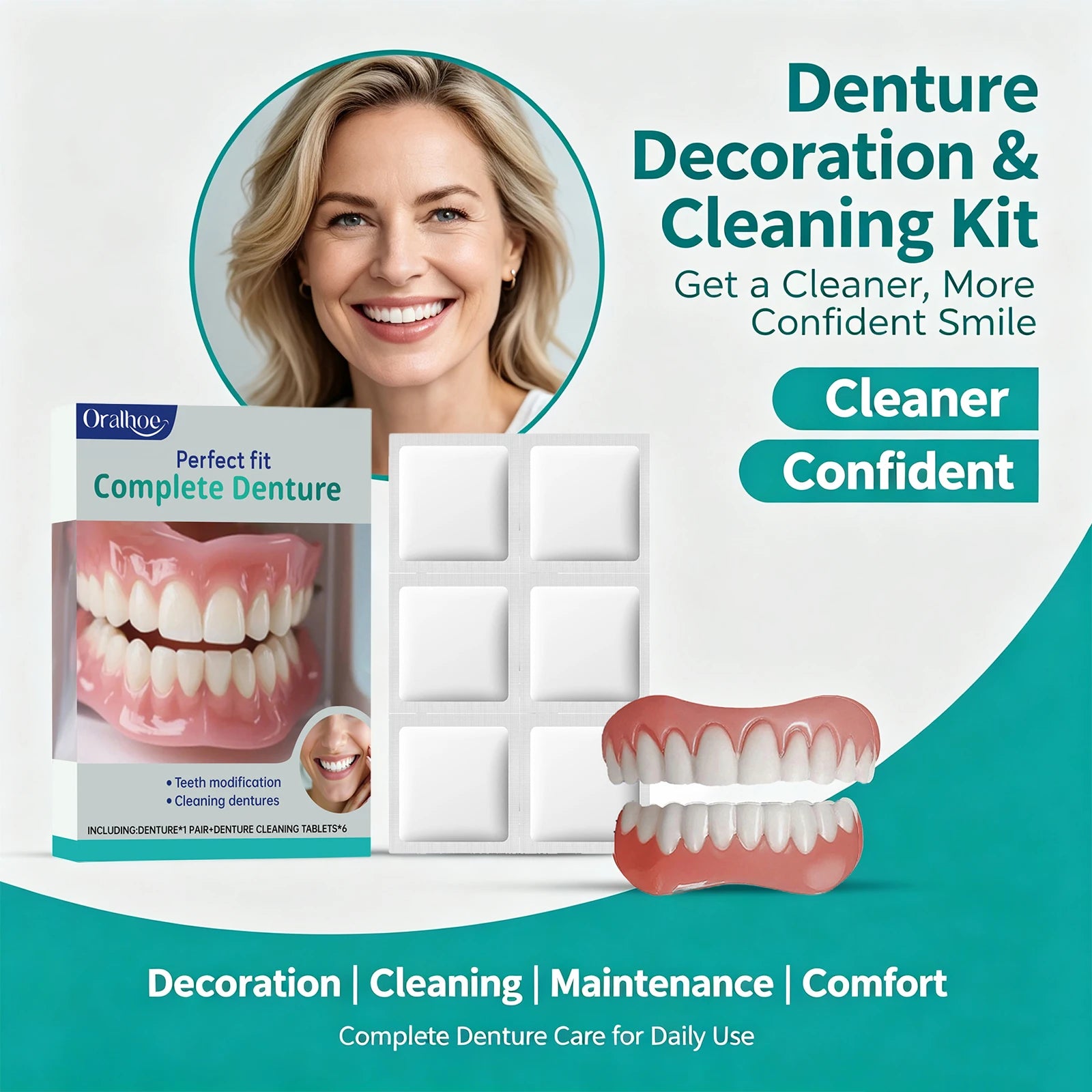 Oralhoe Cosmetic Denture Kit Upper and Lower Teeth with Cleaning Tablets - 2
