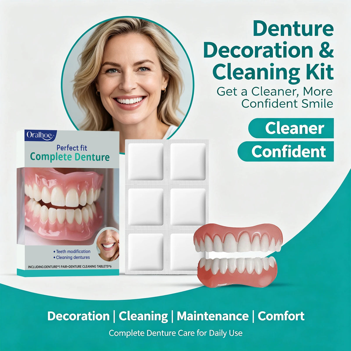 Oralhoe Cosmetic Denture Kit Upper and Lower Teeth with Cleaning Tablets