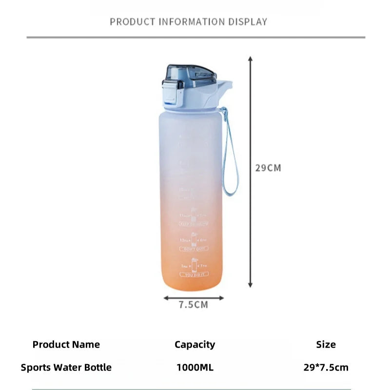 1000ml Gradient Sports Water Bottle with Time Marker and Straw