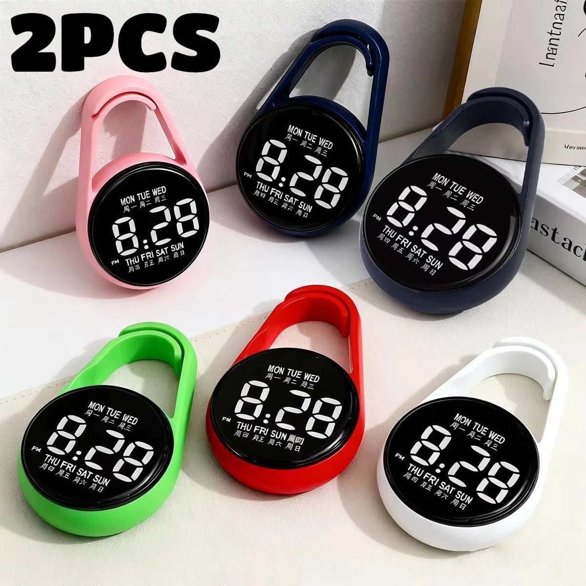 2PC LED Digital Hanging Pocket Watch Waterproof Luminous Carabiner Clock