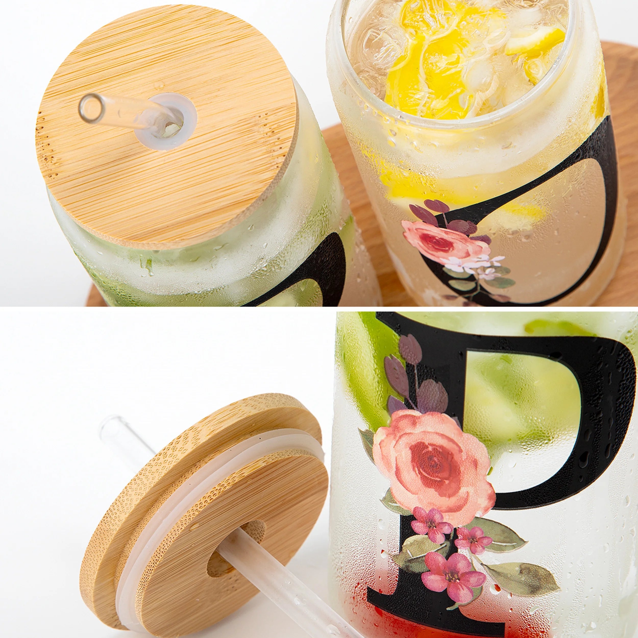 500ml Floral Alphabet Glass Cup with Bamboo Lid and Straw Coffee Mug - 12
