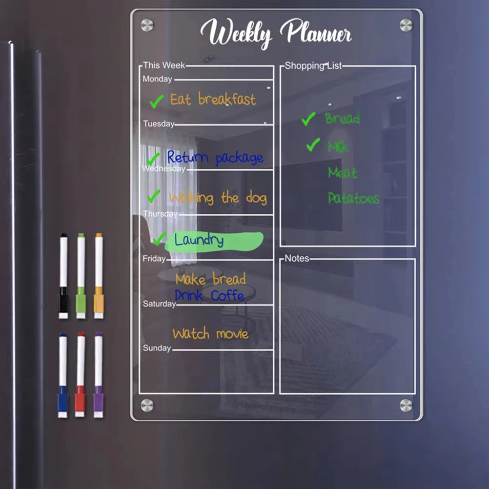 Magnetic Acrylic Fridge Calendar Dry Erase Weekly Planner Board Set