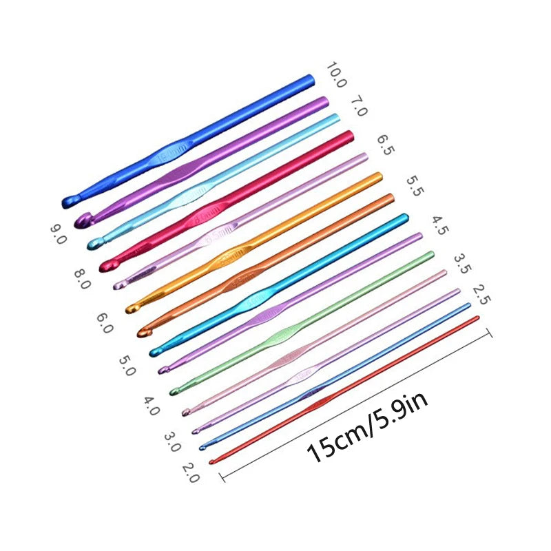 14Pc Colorful Aluminum Crochet Hook Set Knitting Needles for Yarn Crafts