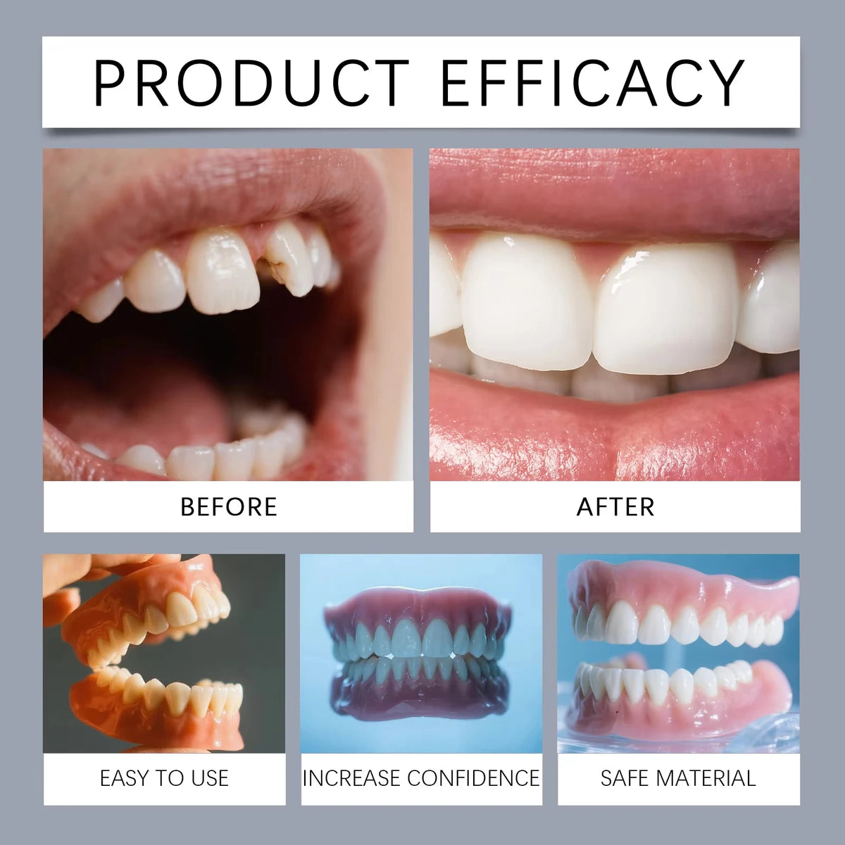 Adult Silicone Dentures Full Set Fake Teeth Natural Smile
