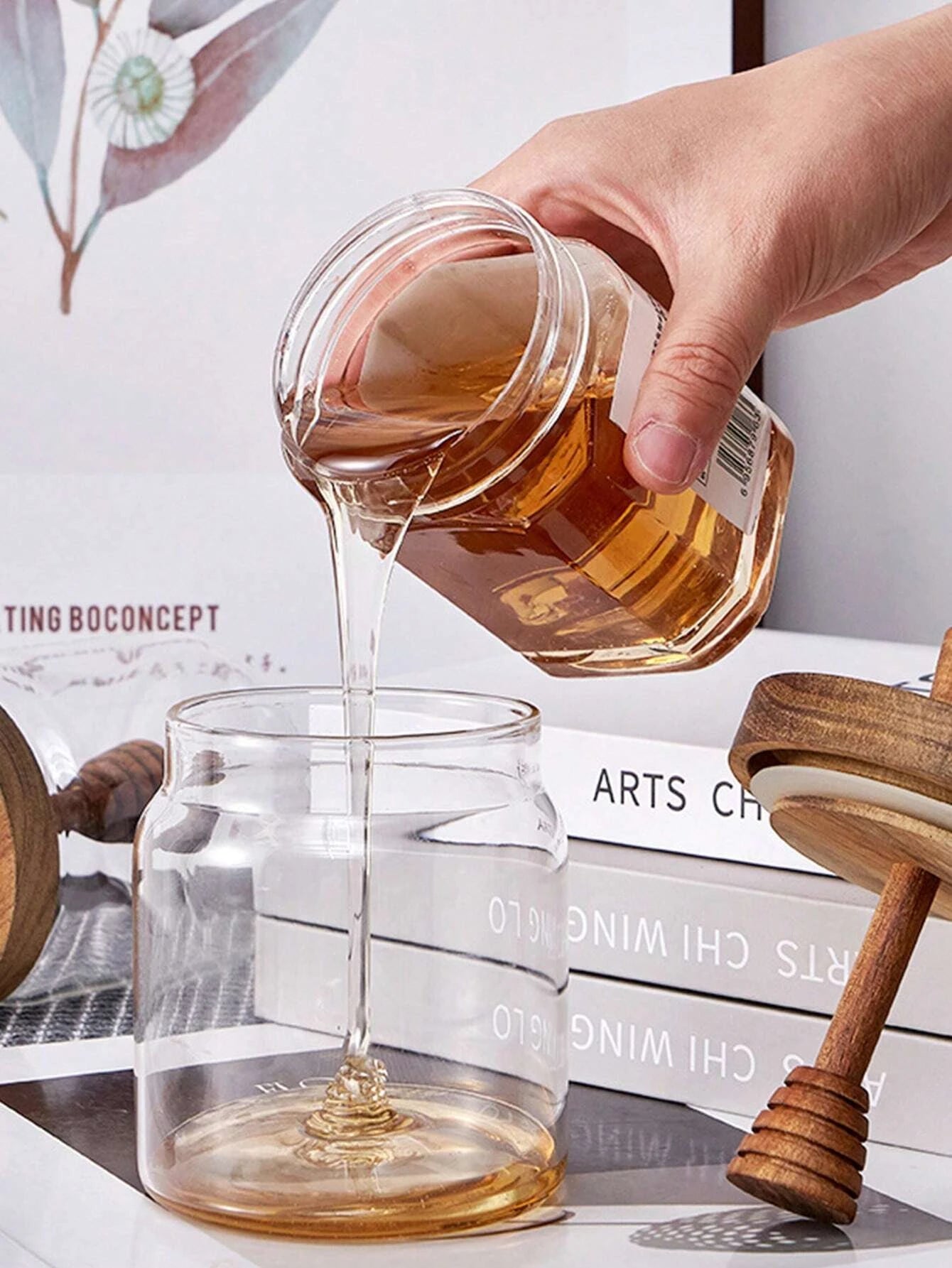 Glass Honey Jar with Wooden Dipper and Lid Syrup Storage Container