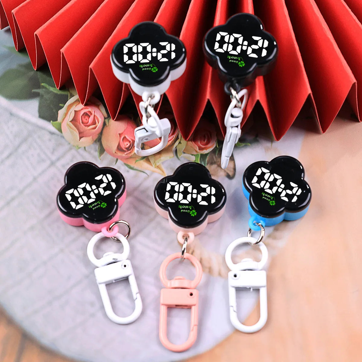 LED Digital Pocket Watch Keychain Portable Flower Shape Electronic Clock - 2