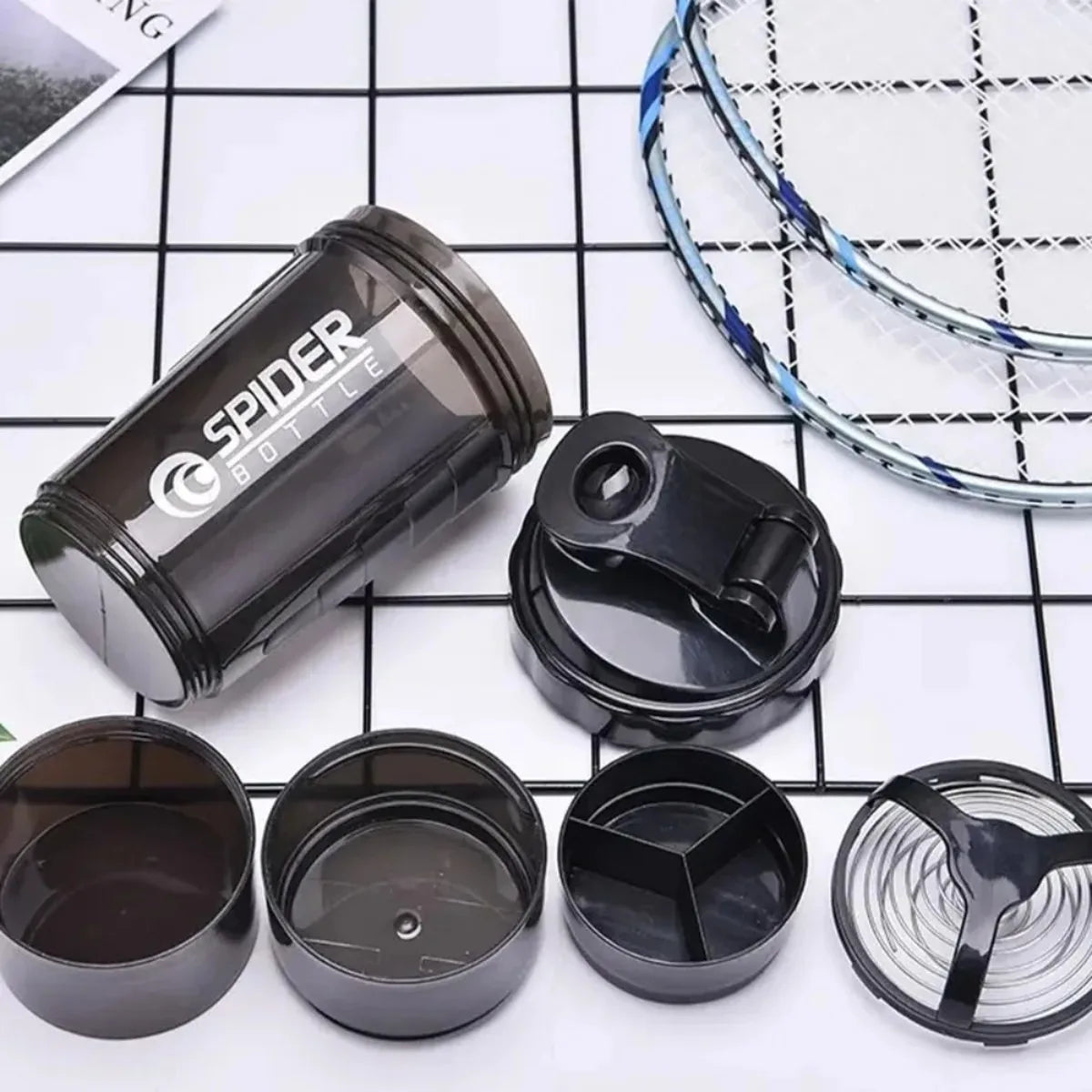 Spider Protein Shaker Bottle 3 Layer Gym Mixer Cup Leak Proof