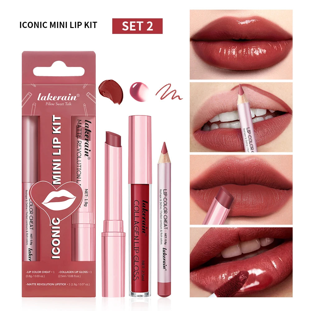 Matte Lipstick Lip Gloss Set Waterproof Nude Red Lip Liner Kit