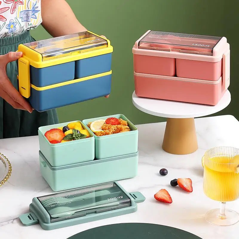 Double Layer Bento Lunch Box Leakproof Food Container with Cutlery Set - 1