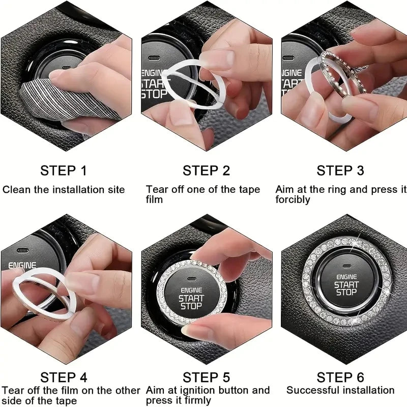Car Engine Start Stop Button Ring Bling Rhinestone Ignition Trim - 10