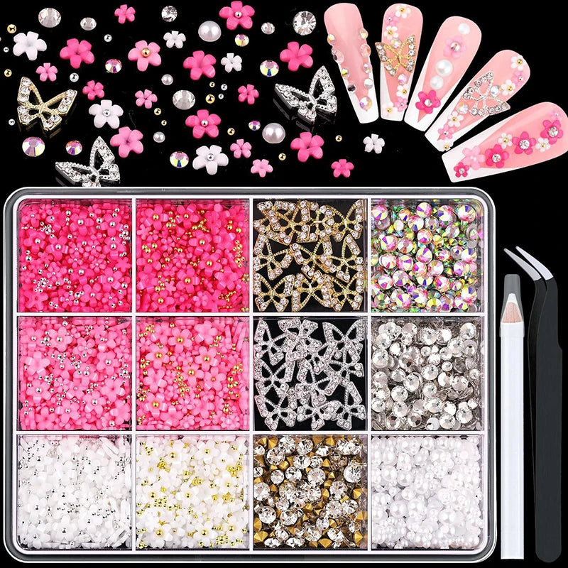 3D Acrylic Nail Art Bowknot Flower Resin Charms Rhinestones Pearl - 16